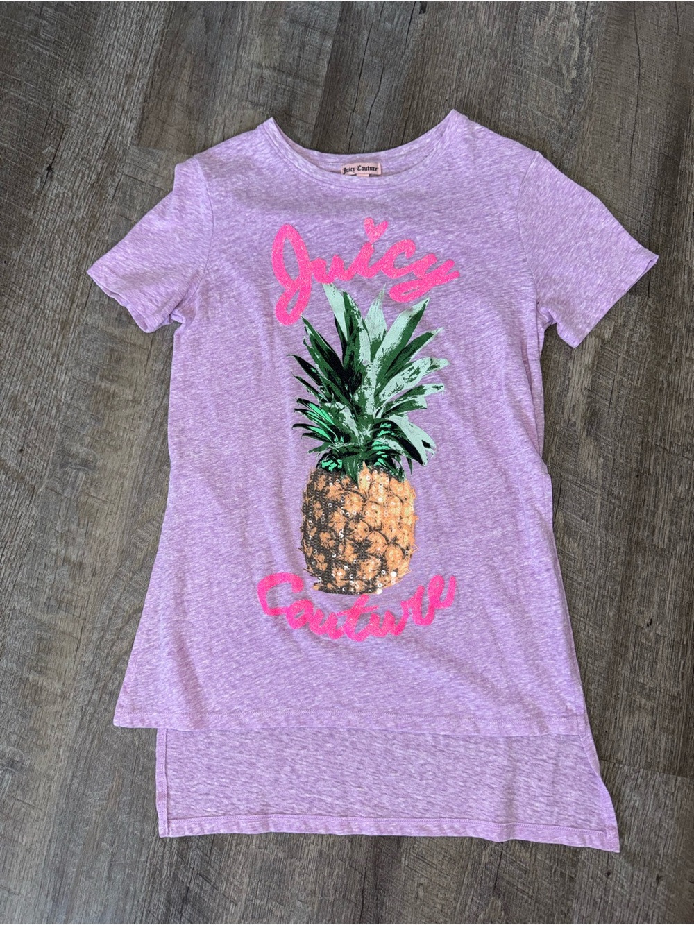 Juicy Couture Lilac Tee with Glitter Pineapple Graphic and Side Slits, XS
